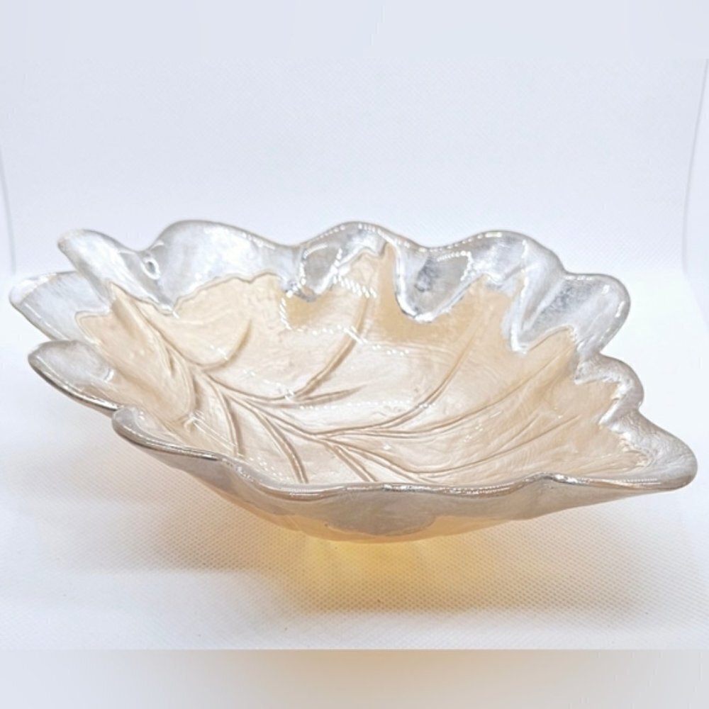 Vintage Glass Leaf Candy Dish Mid Century Silver Gold Decorative Bowl